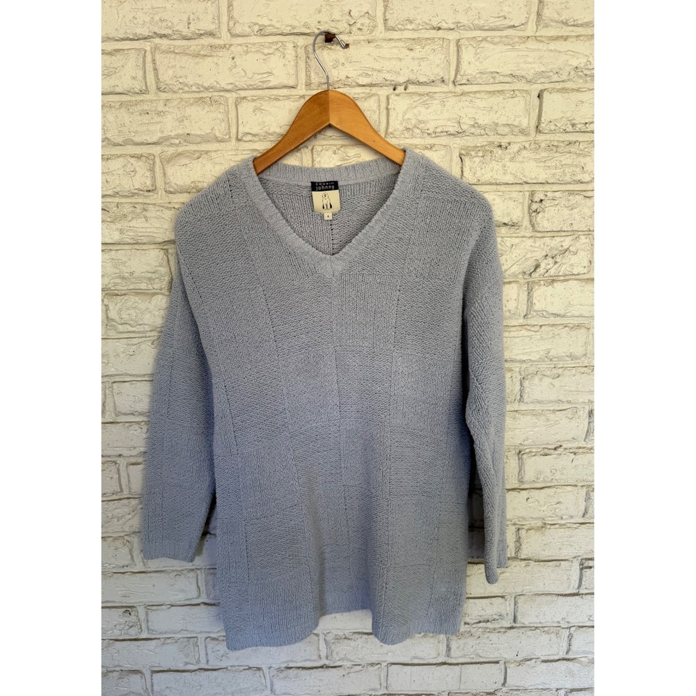 Cousin Johnny V-Neck Knit Sweater Blue Cozy Textured Pullover size Small‎